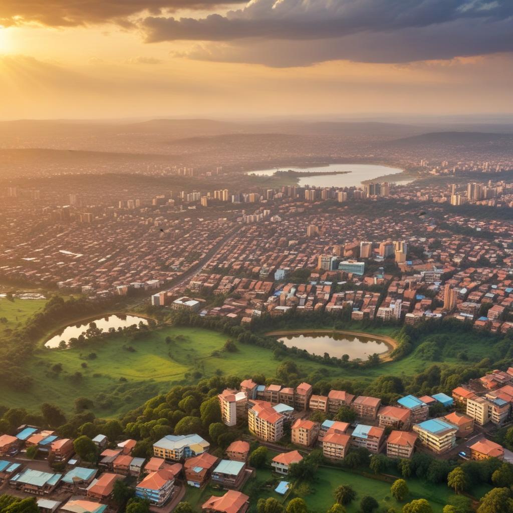 Aerial panoramic view of Kampala Uganda cityscape across seven hills with Lake Victoria